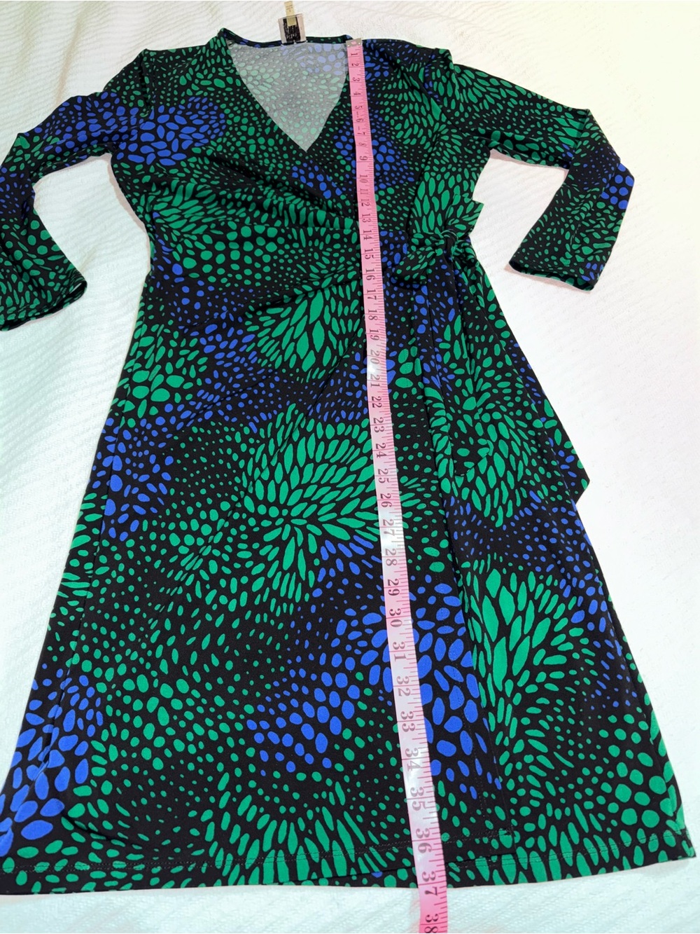 Anne Klein Vivid Blue, Green, & Black Printed Faux Wrap Long Sleeve Mini Dress - Picture 4 of 7